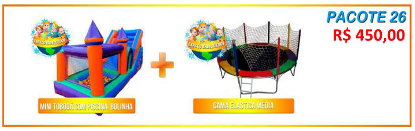 Pacote 26 - Mini Tobogã com Piscina de Bolinha + Cama Elástica Média = R$450,00